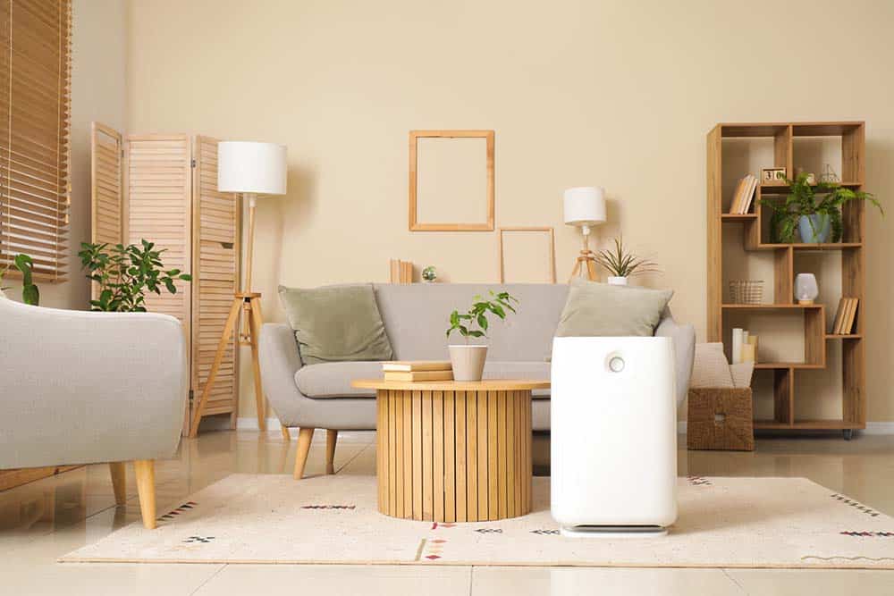 A serene indoor environment showing a visible air purifier or an open HVAC unit with a technician at work.