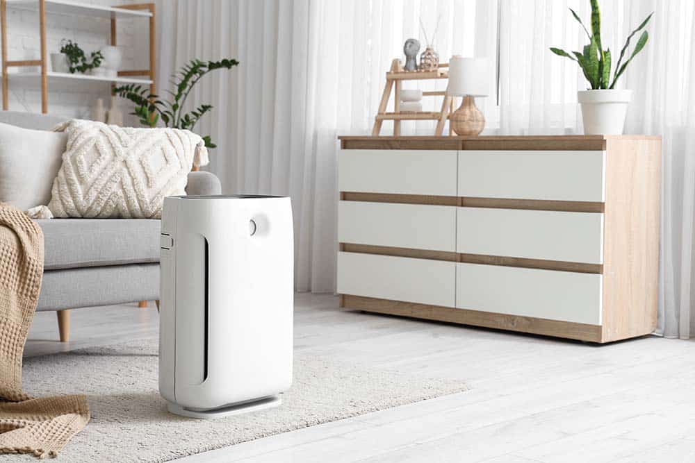 A modern air purifier in a cozy living room setting, with clean, fresh air subtly illustrated.