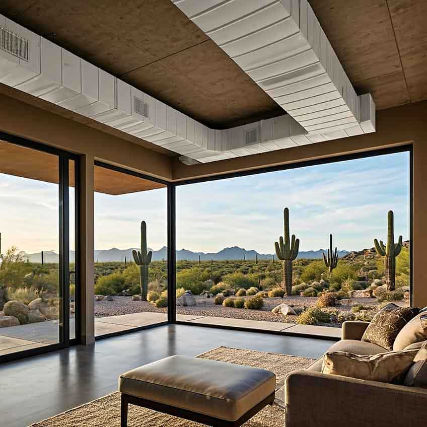 A modern home interior with sunlight streaming through clean vents, while a technician inspects ductwork using specialized equipment. Subtle particles in the air to hint at invisible allergens.