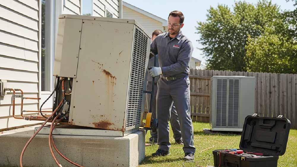 Technician removing old AC unit from backyard platform