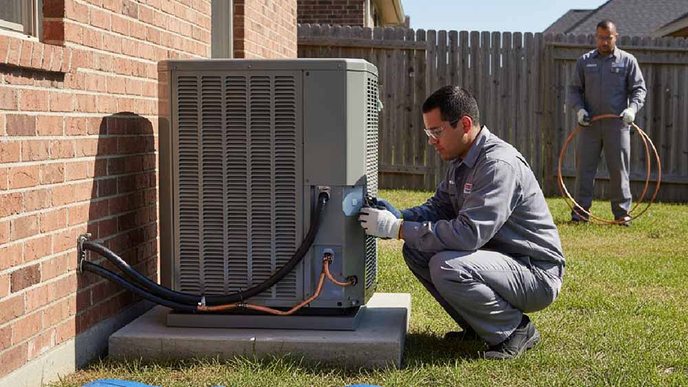 Technician installing new AC unit beside brick house wall