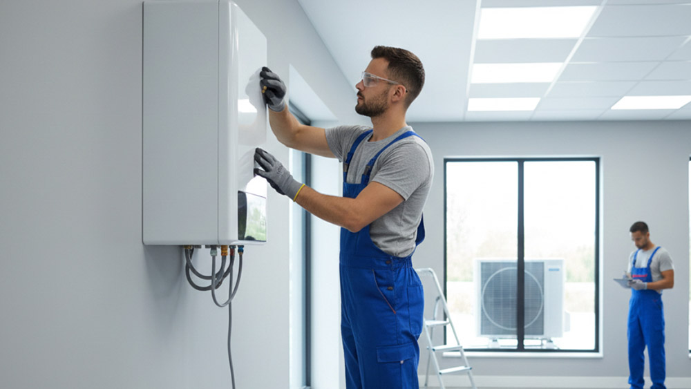 A technician installing a residential heat pump system.