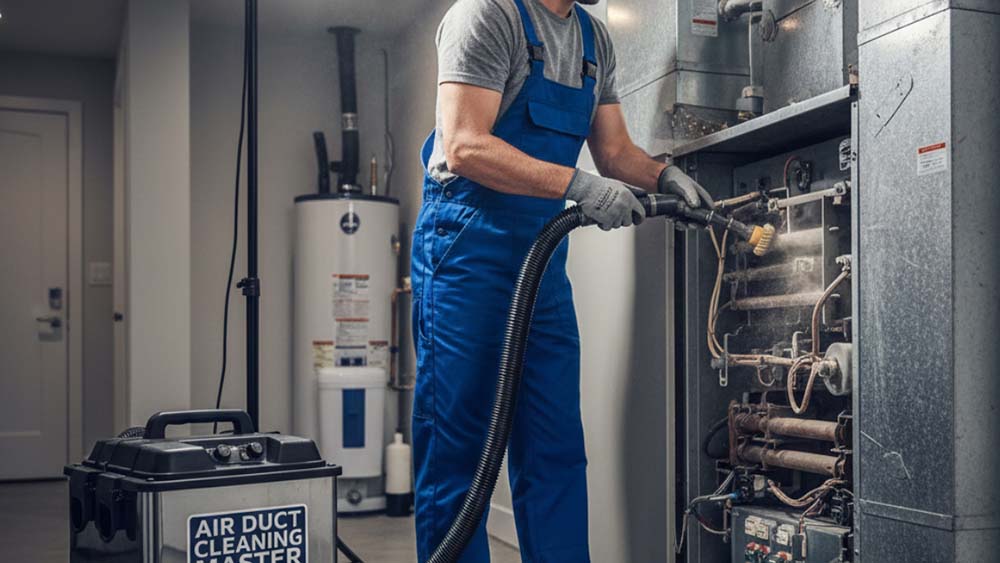 A technician cleaning components of a furnace