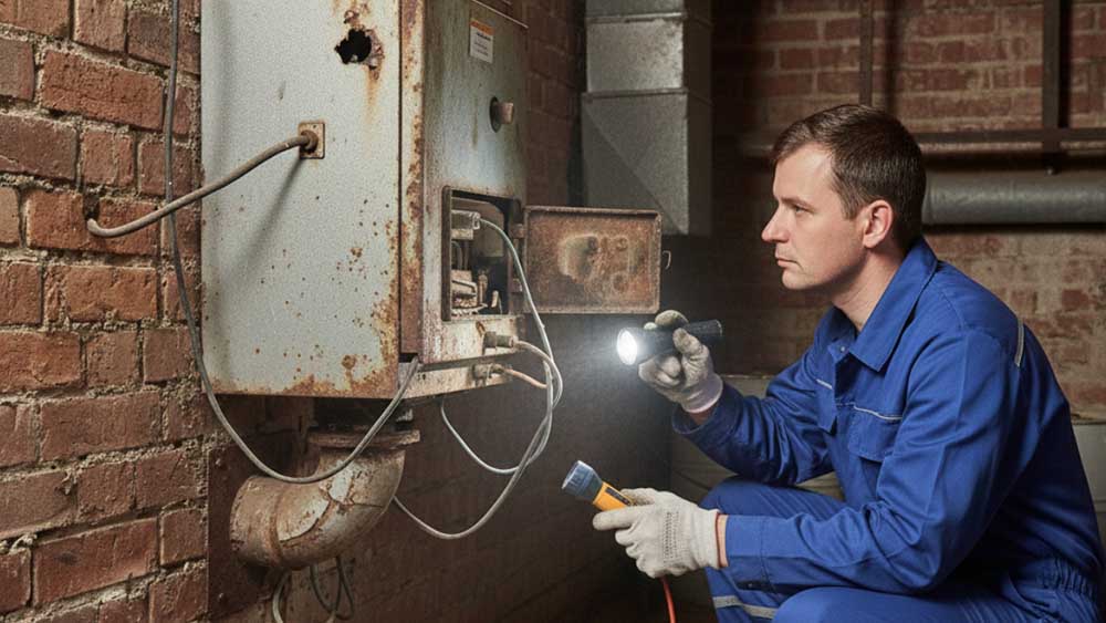 A technician inspecting a worn heating unit.