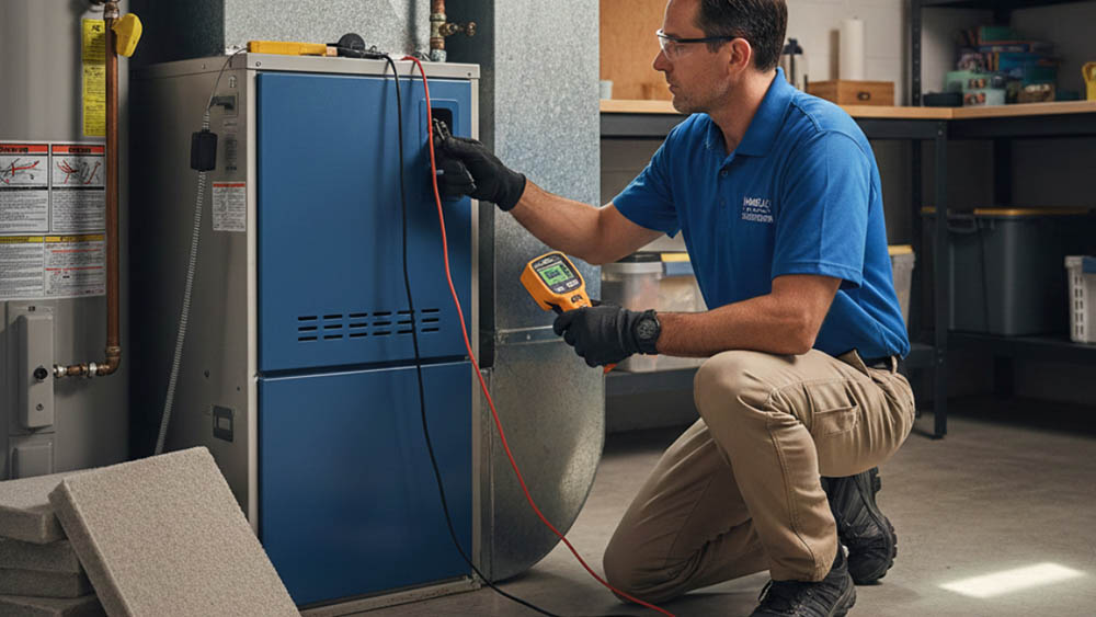 A technician adjusting a furnace