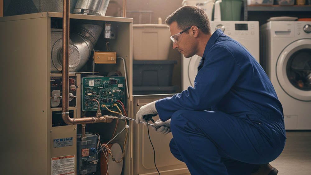 A technician inspecting a home heating system.