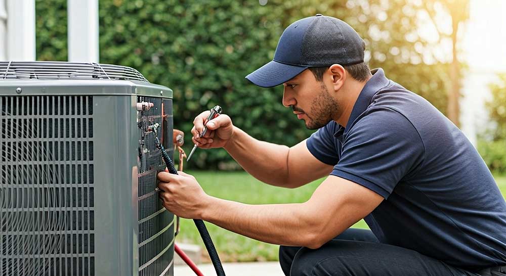 A technician installing a residential heat pump