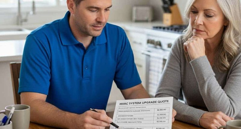 A close-up of an HVAC technician and a homeowner reviewing a printed HVAC quote at a kitchen table. The quote document includes line items, pricing, and brand logos. In the background, a Plan B A/C van is parked outside under a sunny Tampa sky.