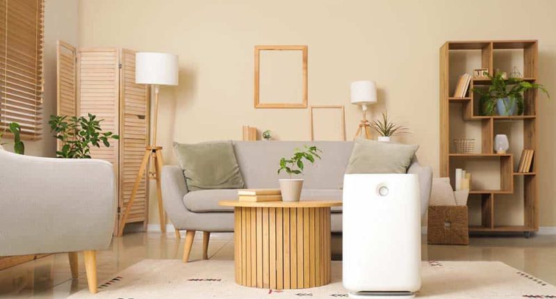 A serene indoor environment showing a visible air purifier or an open HVAC unit with a technician at work.